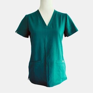 FIGS Casma Three Pocket Scrub Top XXS Forest Green V-Neck Stretch
